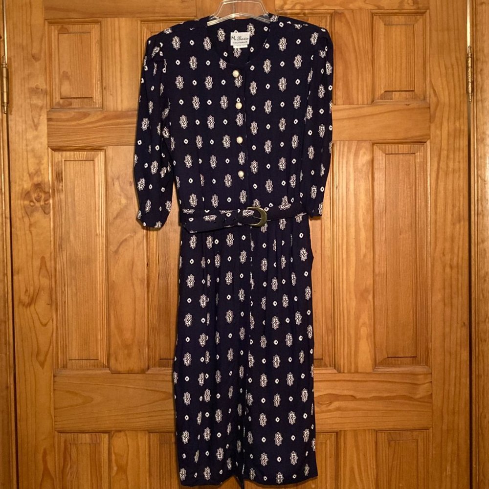 NWOT Ms. Basia California Vintage 80s Dress 3/4 Sleeve Career Midi Blue Size 12